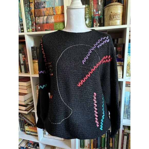 Lillie Rubin Black Sweater with Vibrant Stitching - Picture 1 of 9